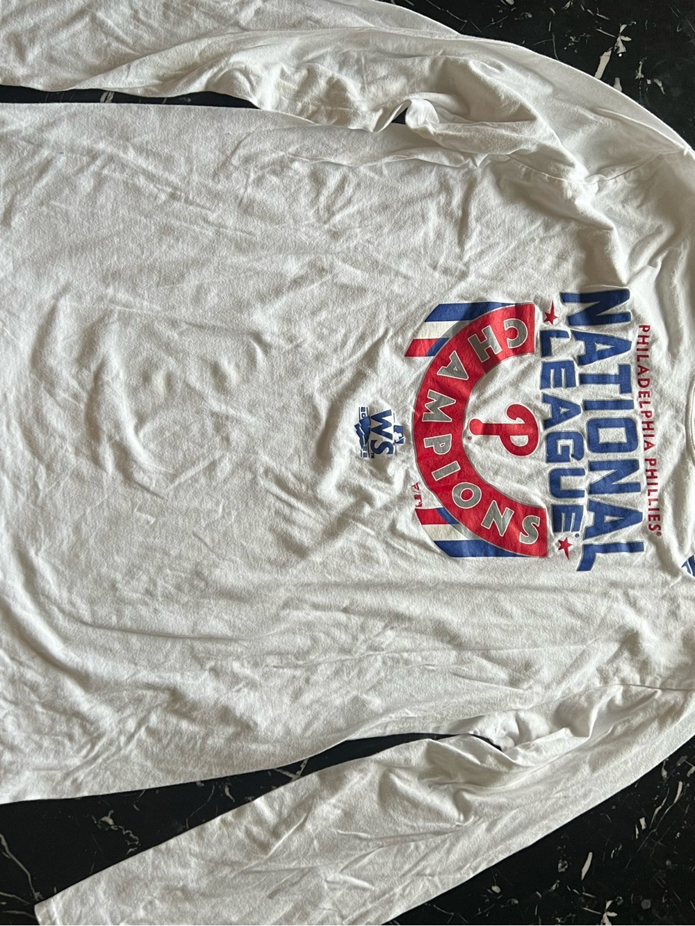 Fanatics White Long Sleeve Tee with Red and Blue Philadelphia Phillies Graphic